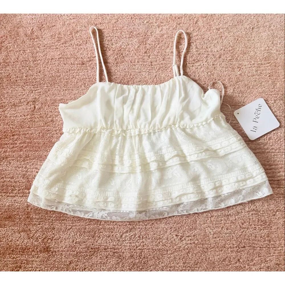 La Peche Lace Cami Tank Top Women M Ivory Adjustable Straps NWT
